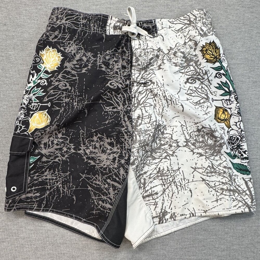 Joe Boxer Mens Sz L/G Graphic Board Shorts Swim Trunks Black White Honor Tatoo